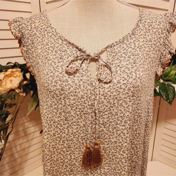 ALTAR'D STATE NEW BROWN/BLUE FLORAL TIE FRONT BLOUSE SIZE LARGE - Picture 2 of 7